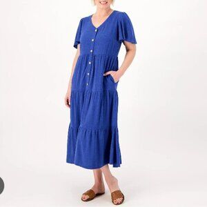 Susan Graver Women's Size 1X Blue Linen Blend Tiered Button Front Midi Dress